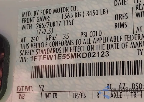 2021 Ford F-150 Xl из США, поврежденный, VIN 1FTFW1E55MKD02123